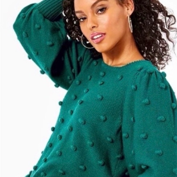 Lilly Pulitzer Sweaters - EUC Lilly Pulitzer Kipp’s Puff Blouson Sleeve Pom-Pom Sweater, “Spruce Green”